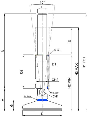 Hygienic Design Leveling Foot - Inch -Vulcanized Base, Black NBR Rubber, Medium Base